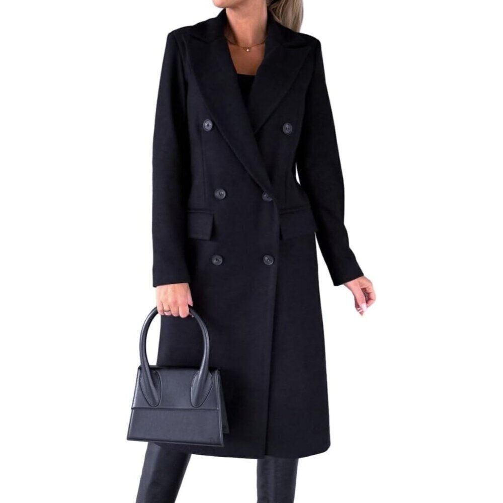🆕Womens Navy Long Wool Coat Double Breasted Trench Coat Fall Winter Clothes